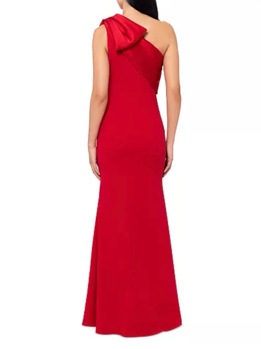 Asymmetric One-Shoulder Red Evening Dress With Draped Bow